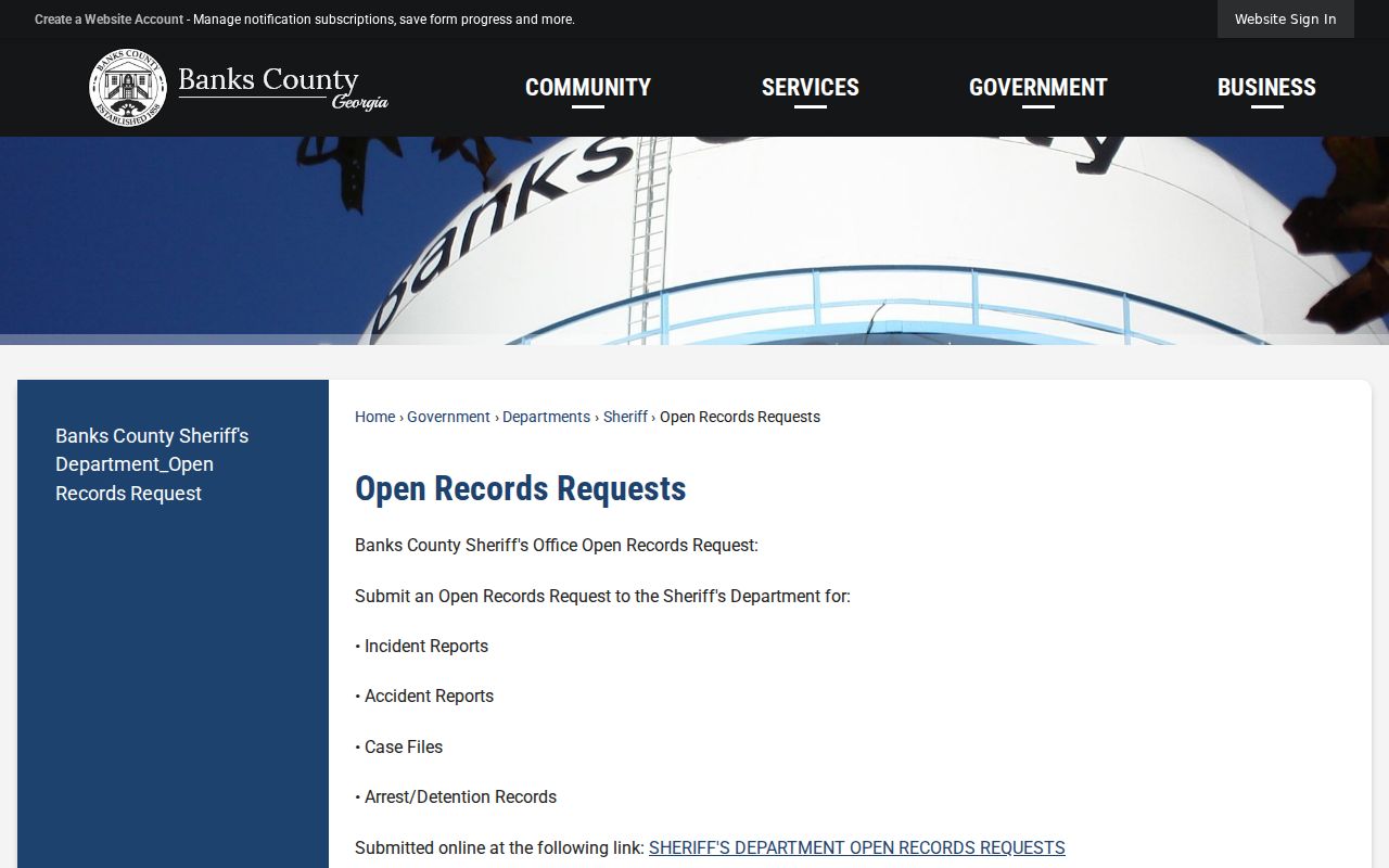 Banks County open records request page for arrest and detention files