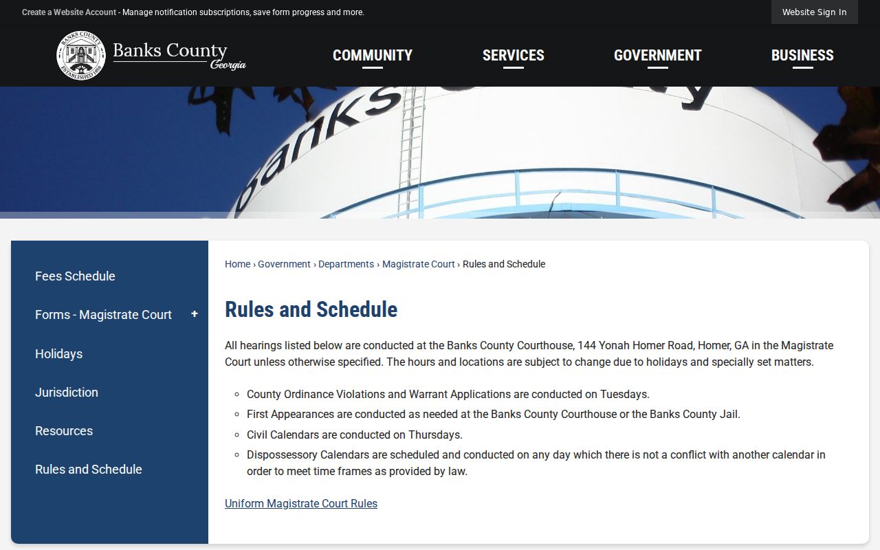 Banks County court rules and hearing schedule page
