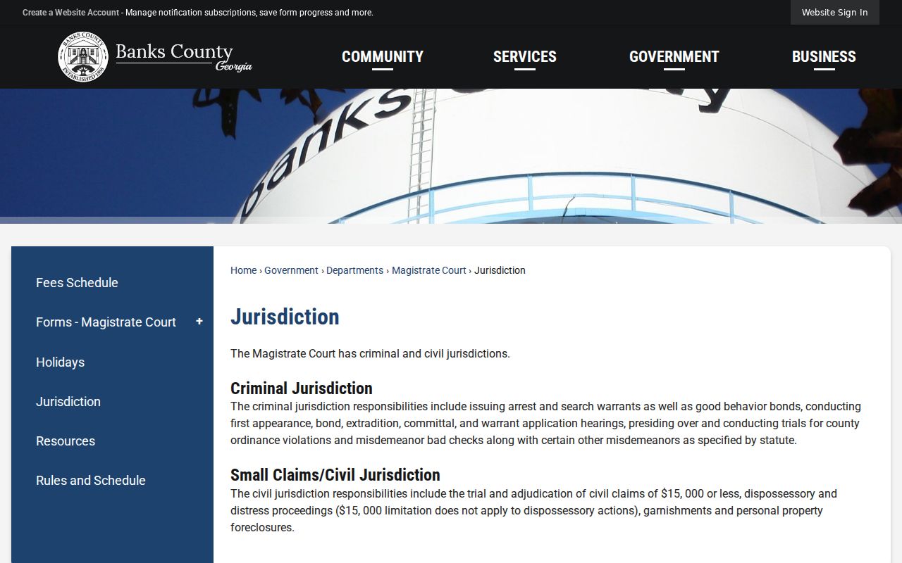Banks County Magistrate Court criminal jurisdiction page