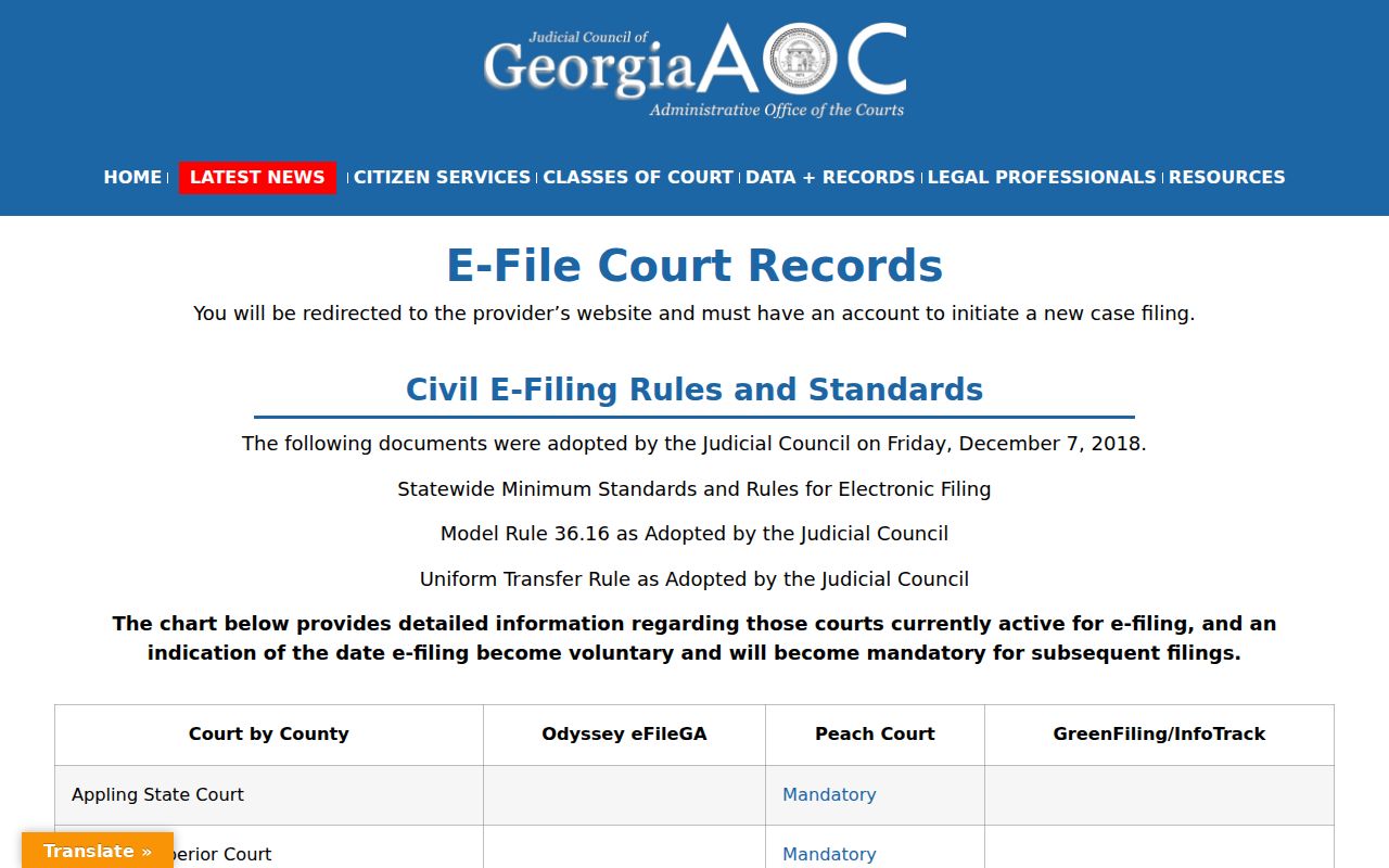 Georgia court e-filing provider chart for Banks Superior Court