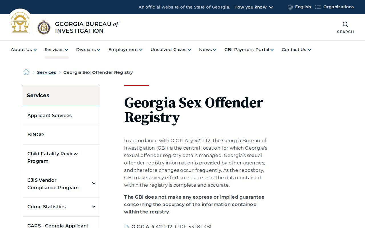 Georgia Sex Offender Registry entry and public-use disclaimer